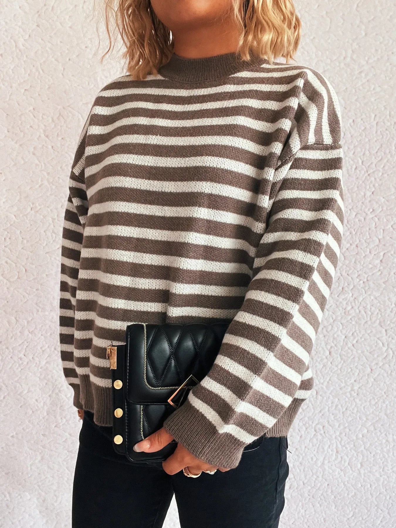 Striped Mock Neck Long Sleeve Sweater - Fashorio