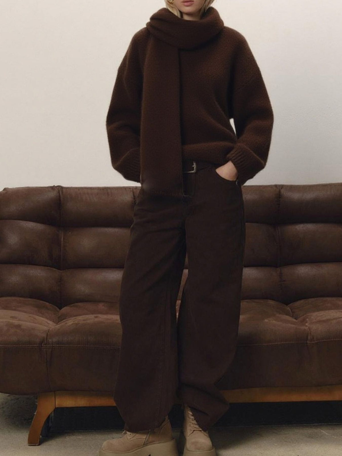 Oversized V Neck Dropped Shoulder Sweater with Scarf, view 16