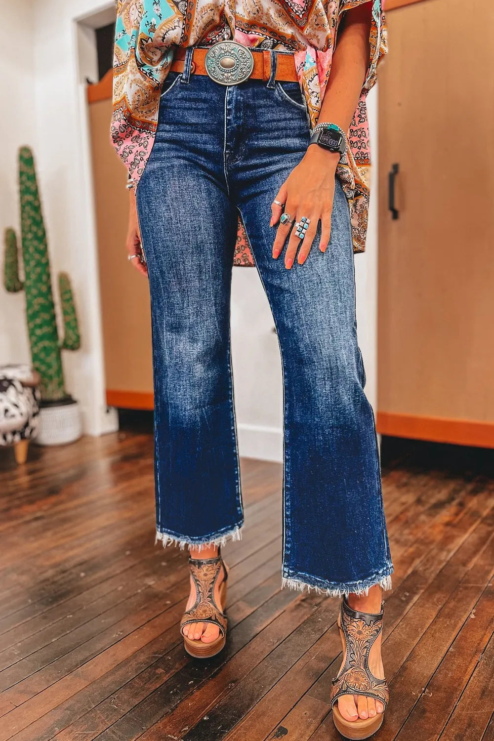 Mineral wash raw hem flare jeans front view