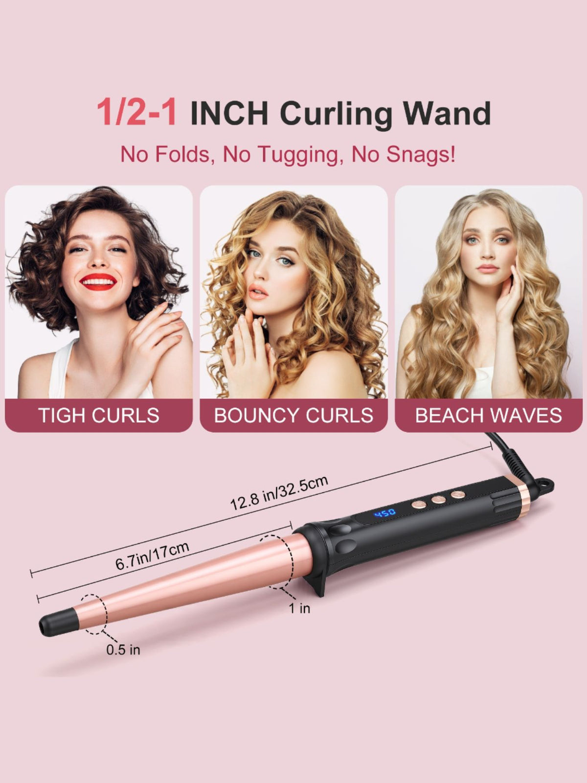 Adjustable temperature curling iron full view