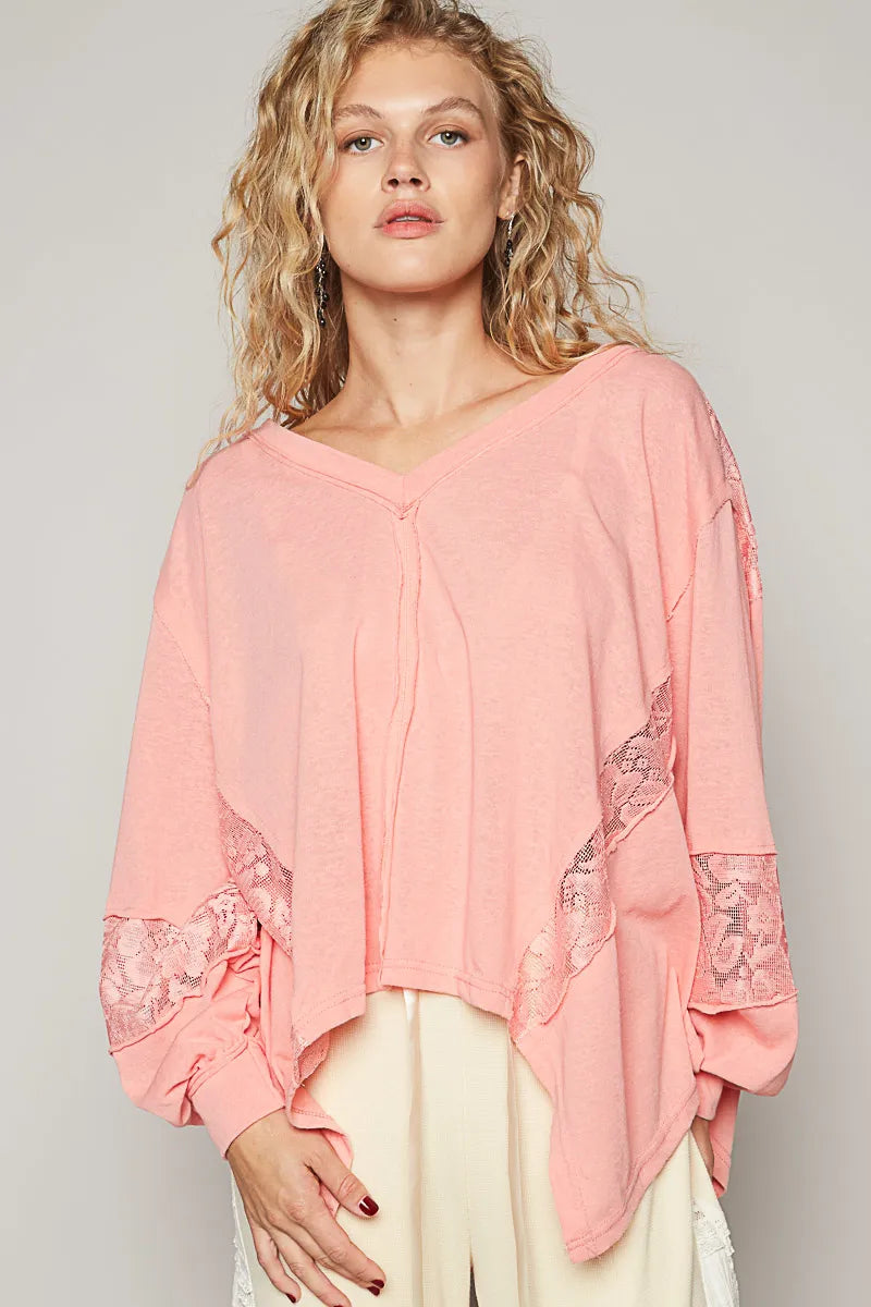 POL V-Neck Long Sleeve T-Shirt with Lace Detail - Fashorio