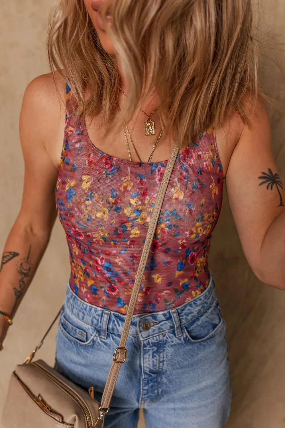 Floral Mesh Scoop Neck Wide Strap Bodysuit - Fashorio