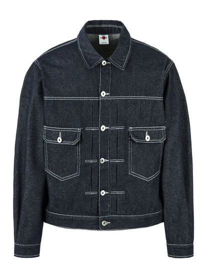 Men's Contrast Stitching Button Up Denim Jacket Sapphire Blue - Fashorio