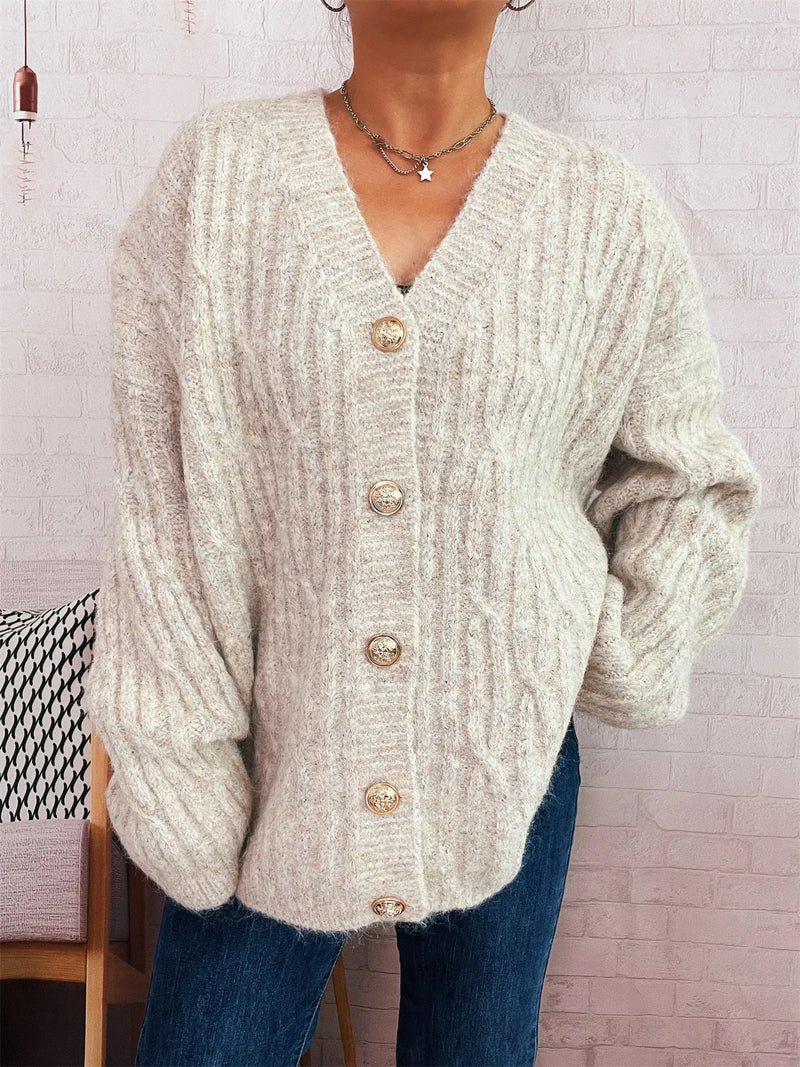 Cable knit button up cardigan front view