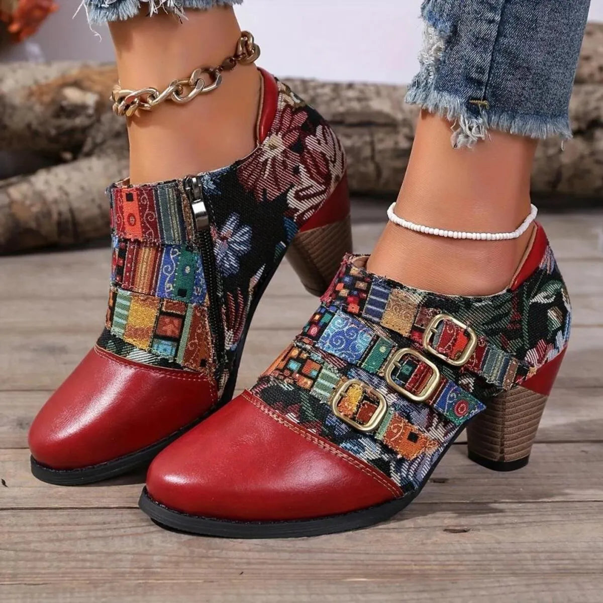 Vintage Bohemian Patchwork Ankle Boots side profile