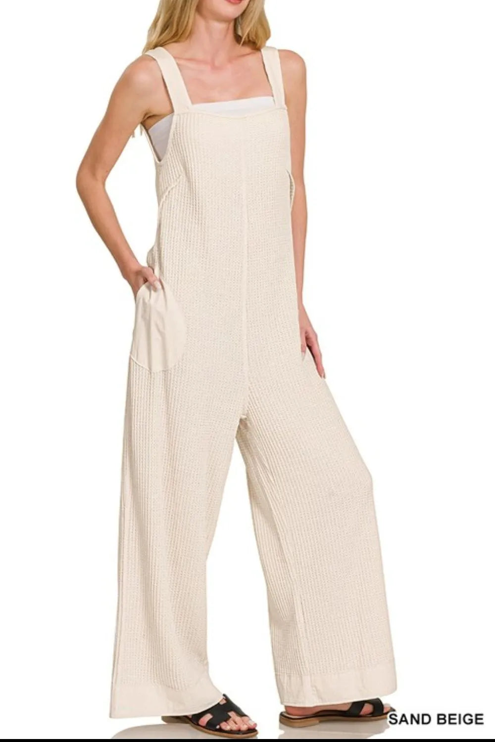 Knit Waffle Wide Leg Overalls back view