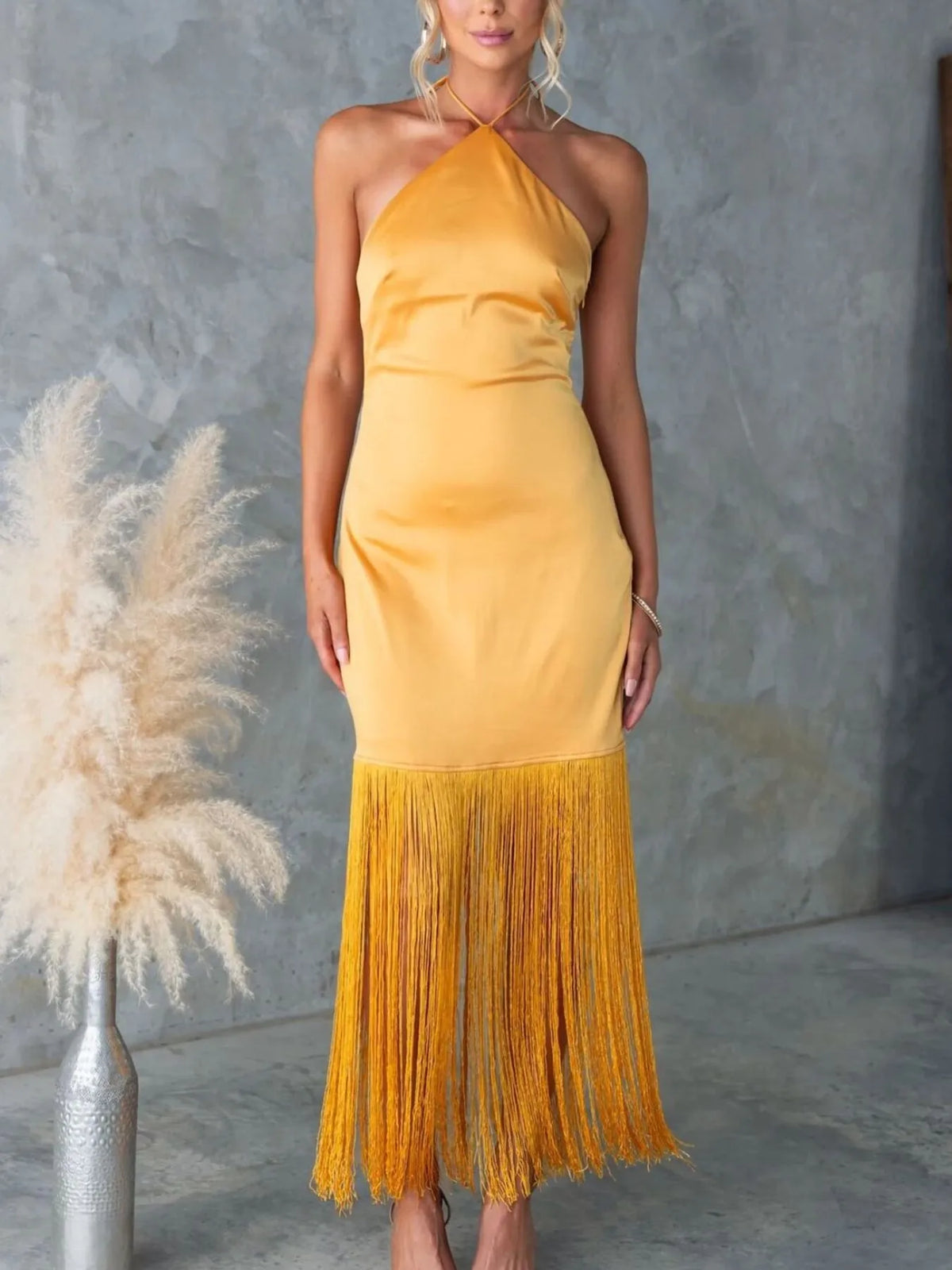Fringe halter neck backless dress full length styling