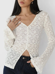 Lace V-Neck Flare Sleeve T-Shirt - Fashorio