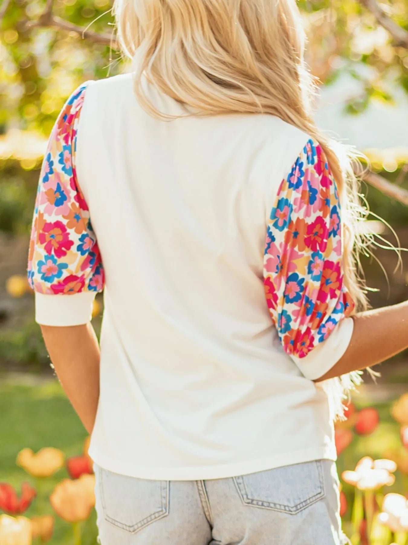 Floral Puff Sleeve Round Neck T-Shirt - Fashorio