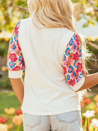 Floral Puff Sleeve Round Neck T-Shirt - Fashorio