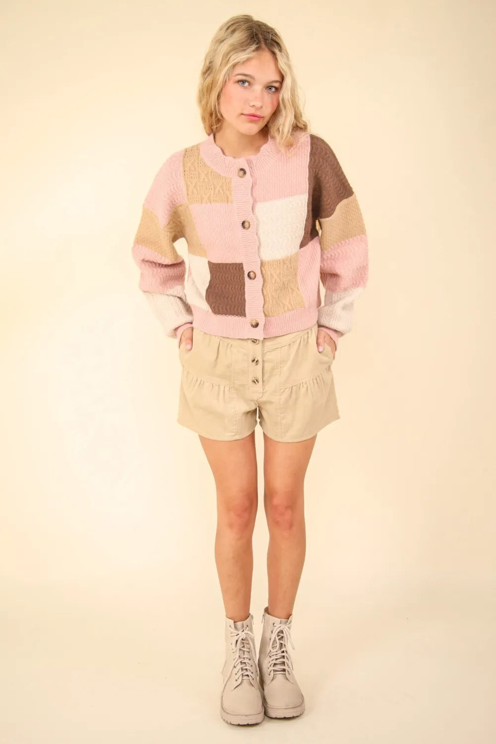 VERY J Color Block Button Down Textured Sweater Cardigan - Fashorio