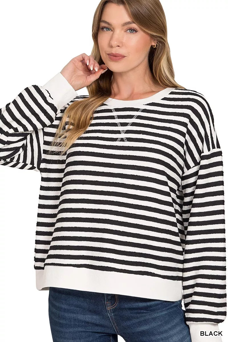 Zenana striped round neck sweatshirt in black front view