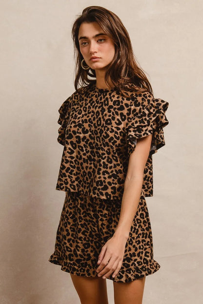 BiBi Leopard Print Waffle Texture Layered Ruffle Sleeve Top and Shorts Set - Fashorio
