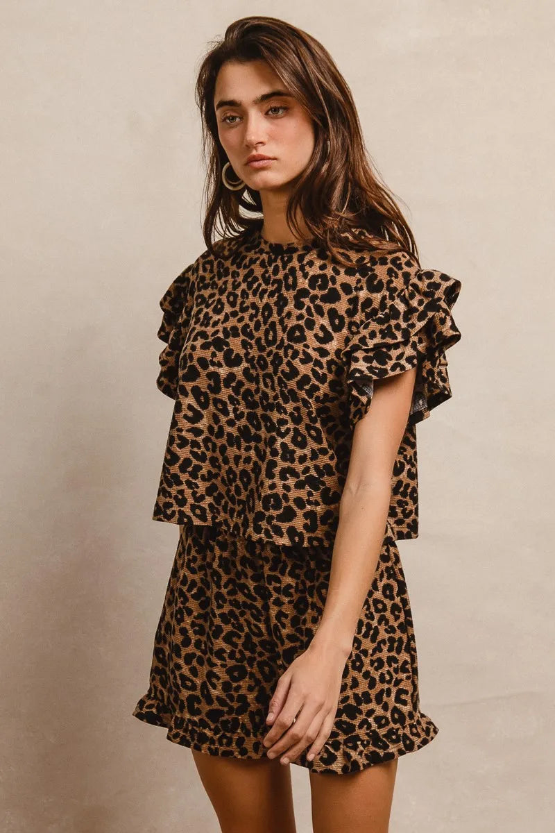 BiBi Leopard Print Waffle Texture Layered Ruffle Sleeve Top and Shorts Set - Fashorio