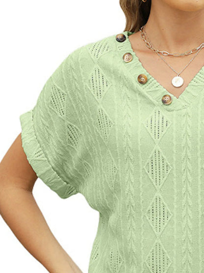 Textured V-Neck Short Sleeve Top - Fashorio