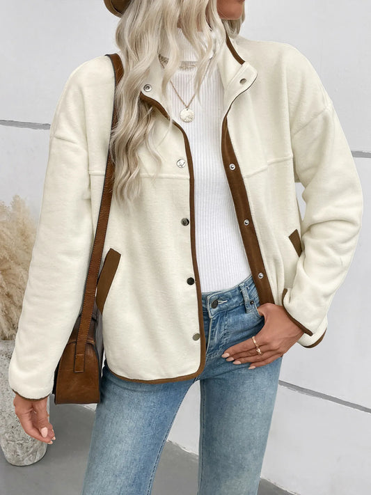 Snap Down Long Sleeve Jacket – Lightweight Buttoned Outerwear Apricot - Fashorio
