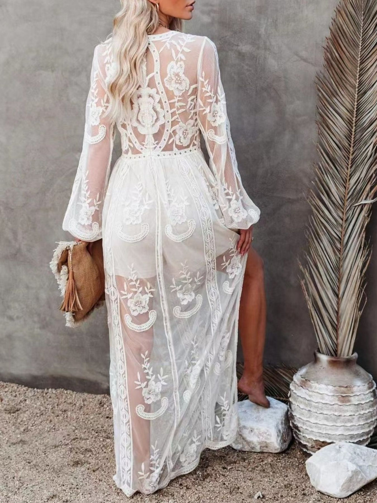 Floral lace slit maxi dress three quarter view
