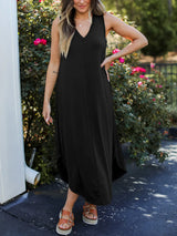 Full Size V-Neck Midi Tank Dress Black - Fashorio