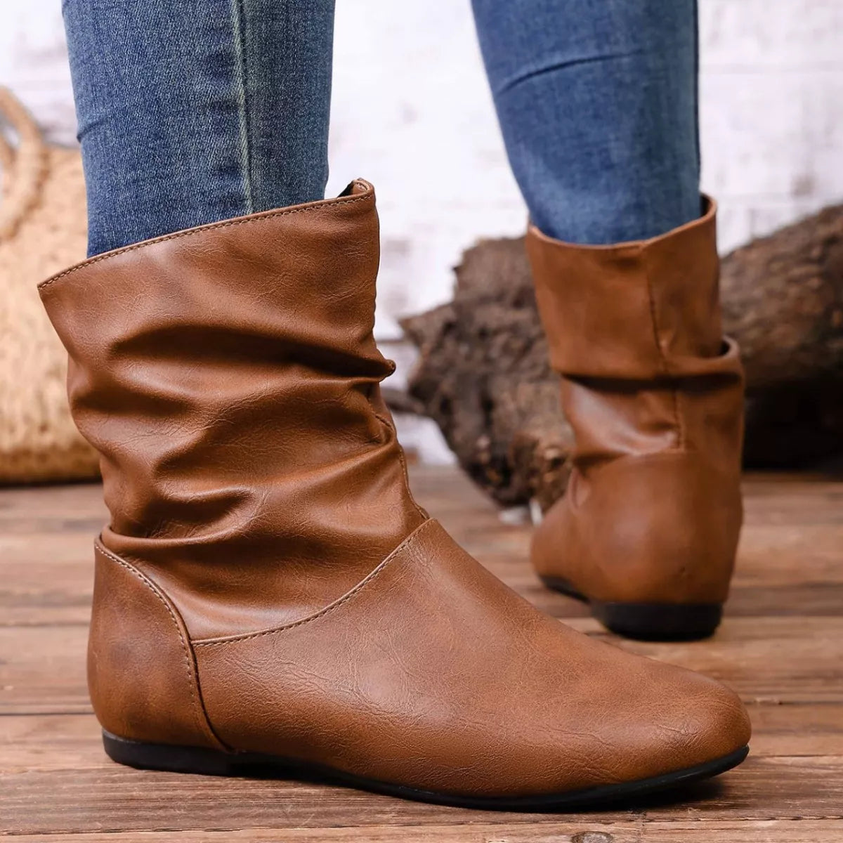 Flat Ankle Boots with Wrinkled Design collar detail
