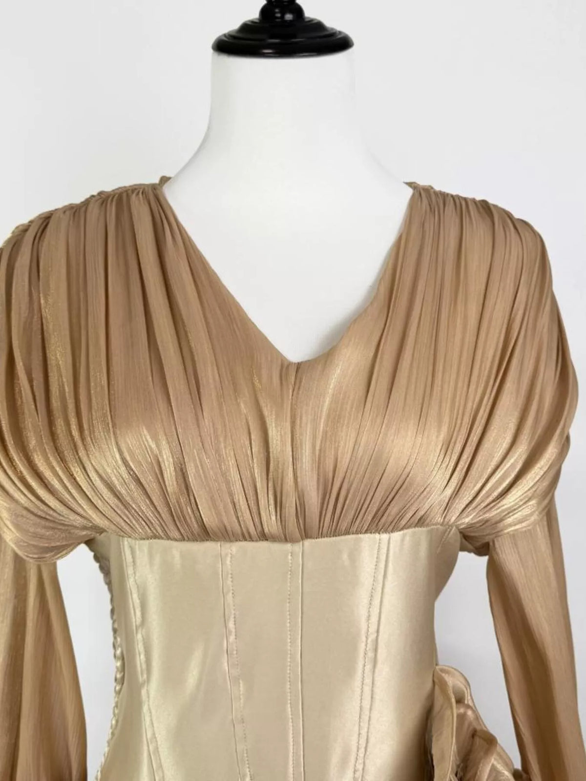 Smocked and ruched dress bodice close up