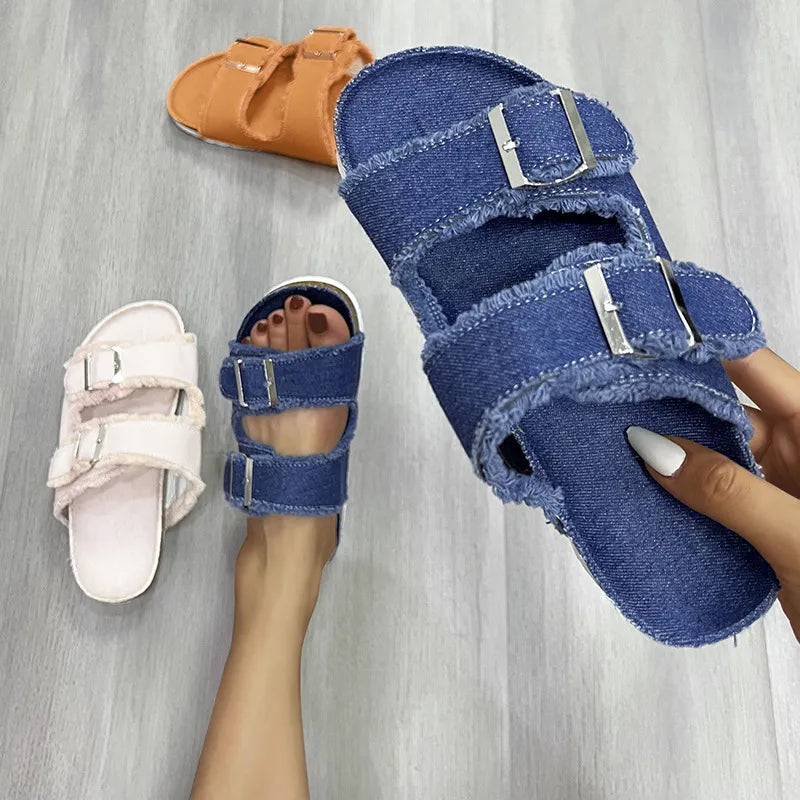 Raw hem open toe double buckle sandals side view