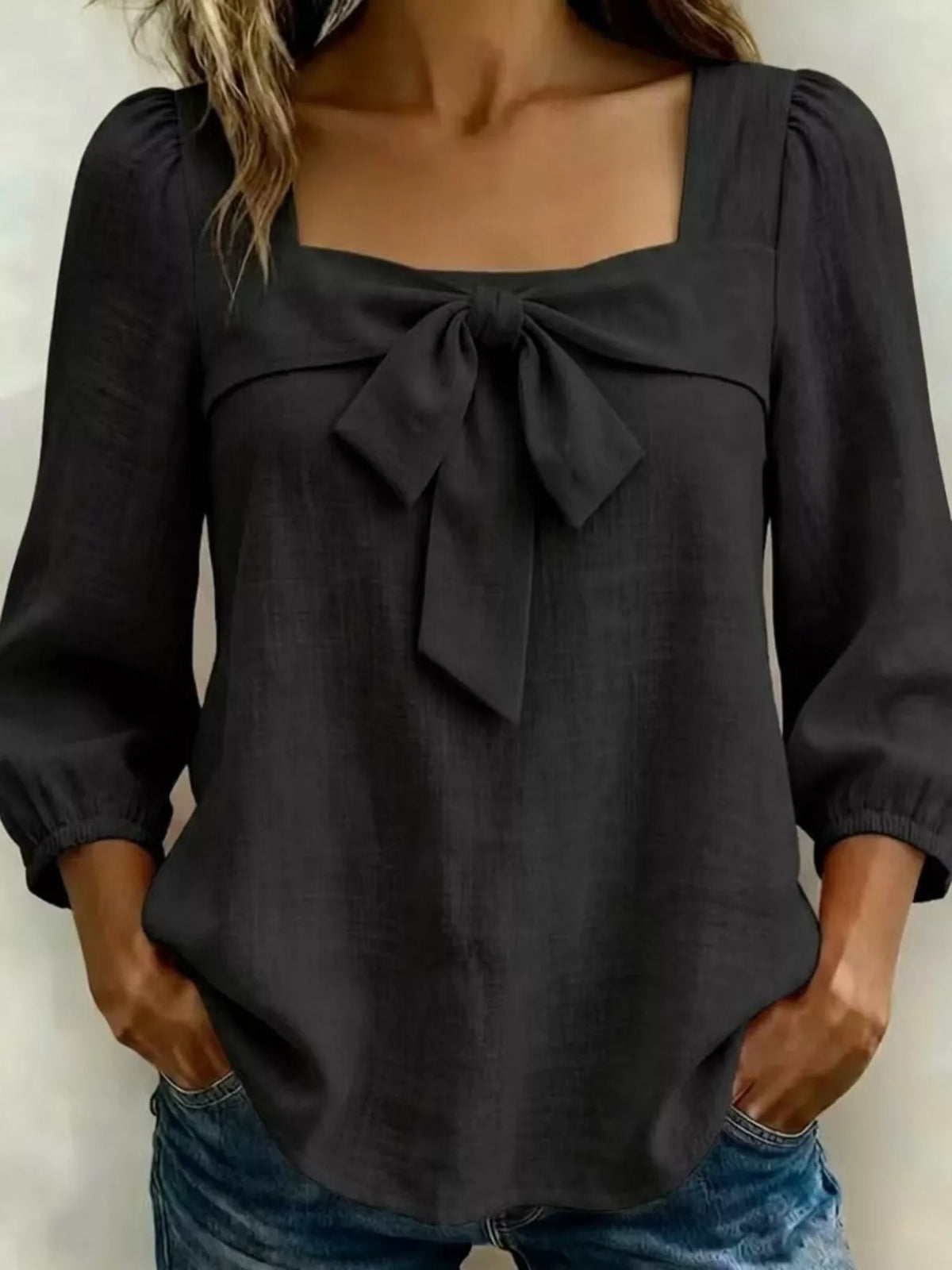 Black bow front blouse front view