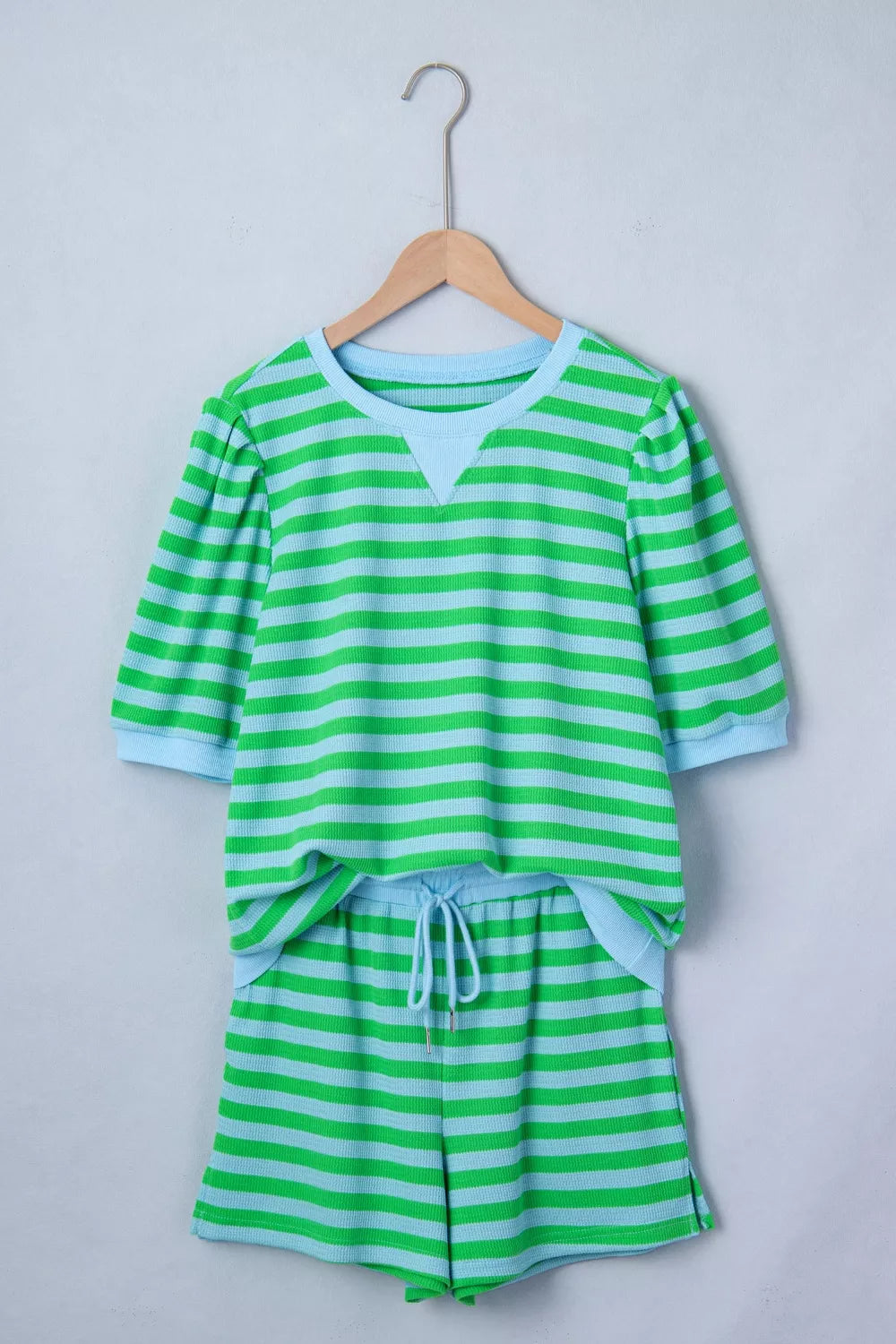 Stripe Colorblock Puff Sleeve Top and Shorts Two Piece Set, view 6