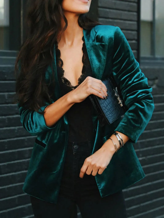 Button Up Lapel Collar Blazer Deep Teal - Fashorio
