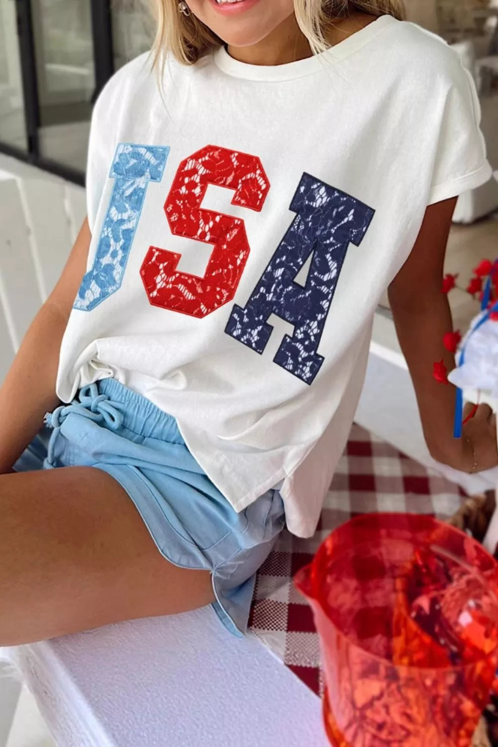 White USA graphic dolman tee color block detail