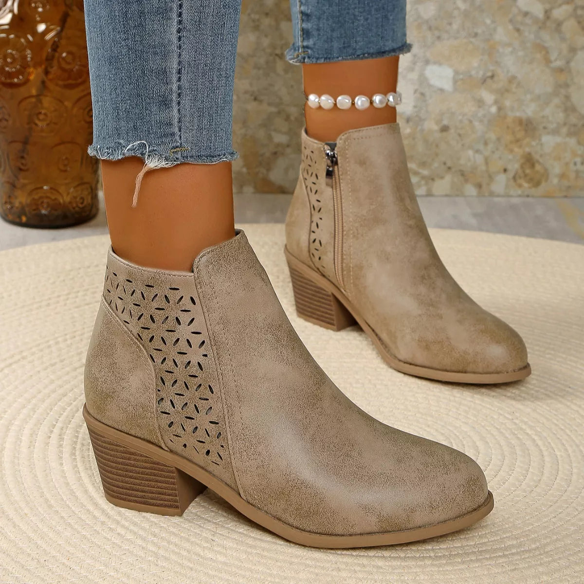 Point toe block heel boots styling shot