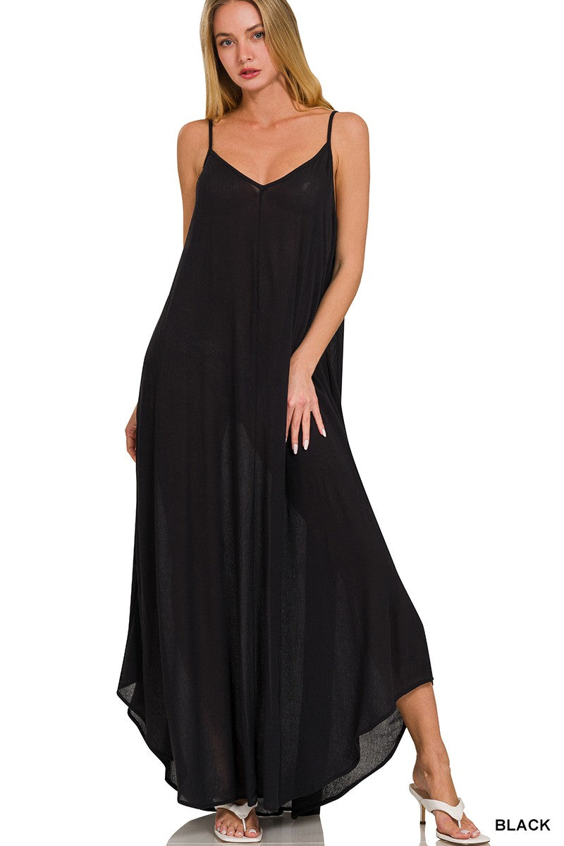 Crinkle Cami Maxi Dress with Pockets in Black