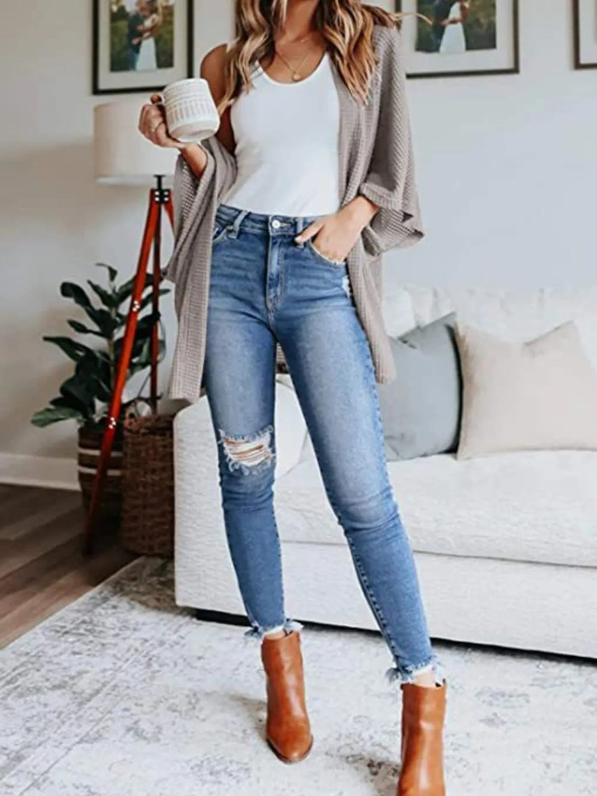 waffle knit open front plus size cardigan full length view