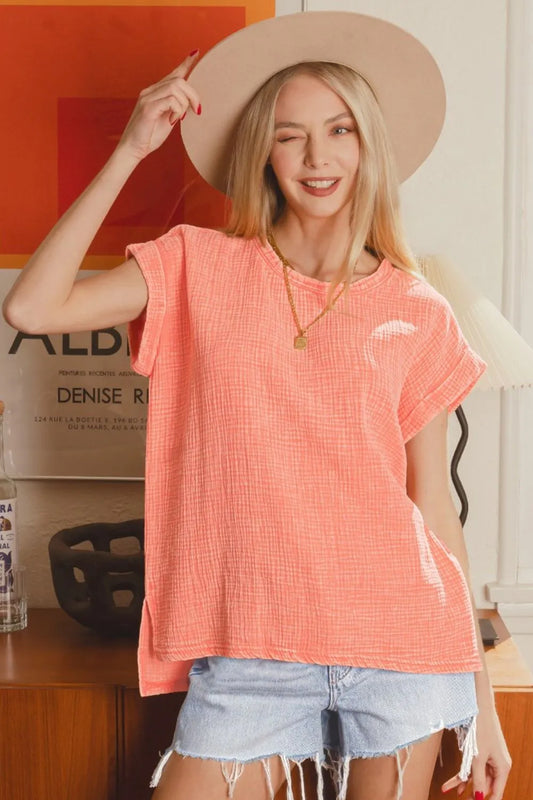 Zenana Woven Double Gauze Acid Washed Short Sleeve Top - Fashorio