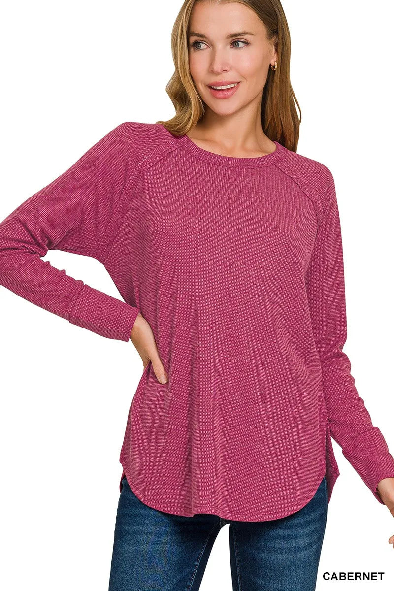 Cabernet baby waffle knit long sleeve top front view
