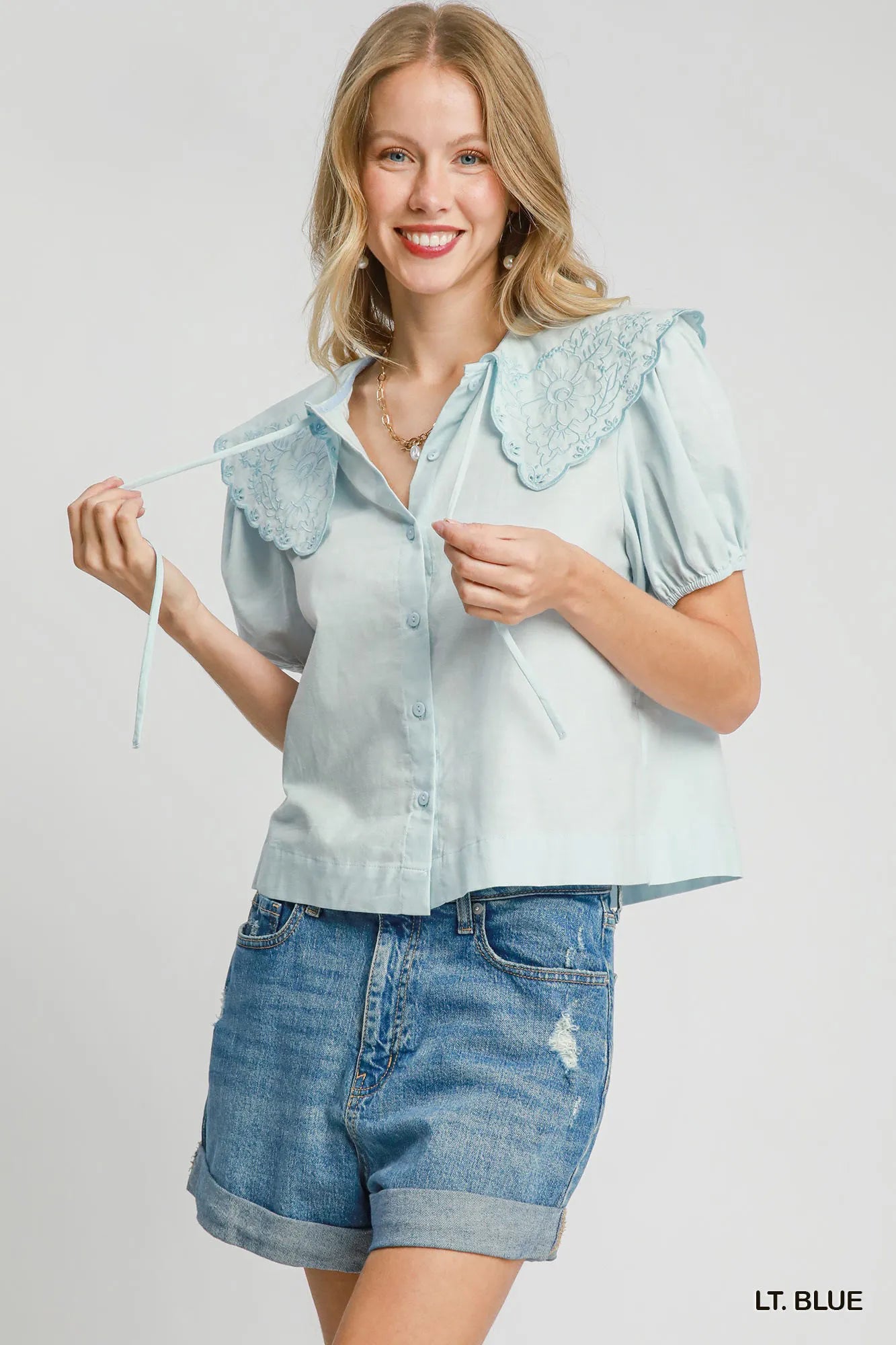 Umgee Tied Collared Short Sleeve Button Down Shirt LT. BLUE - Fashorio