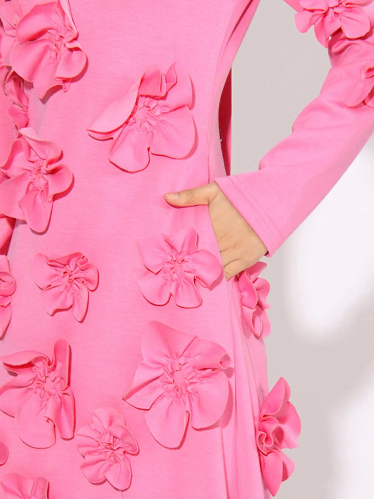 Floral applique long sleeve maxi dress in pink close up view