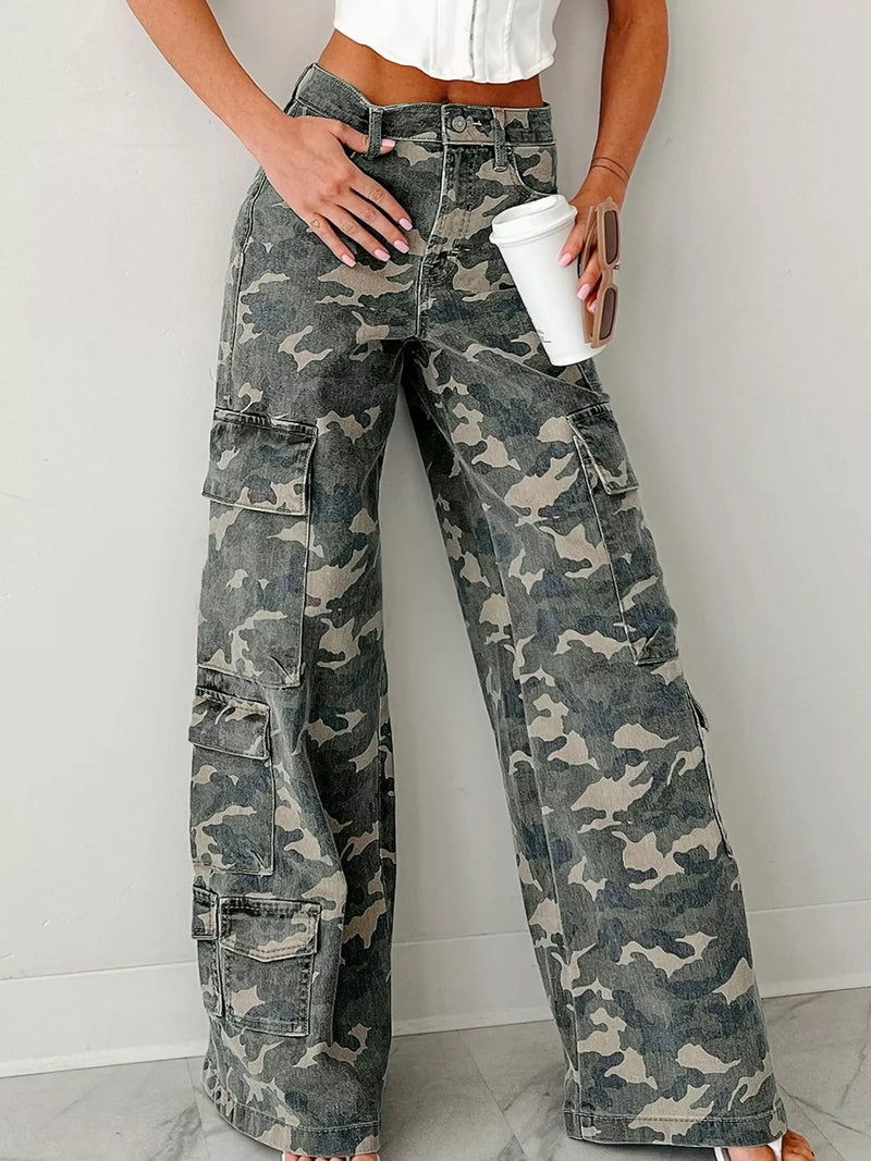 Camo print wide leg cargo jeans front view