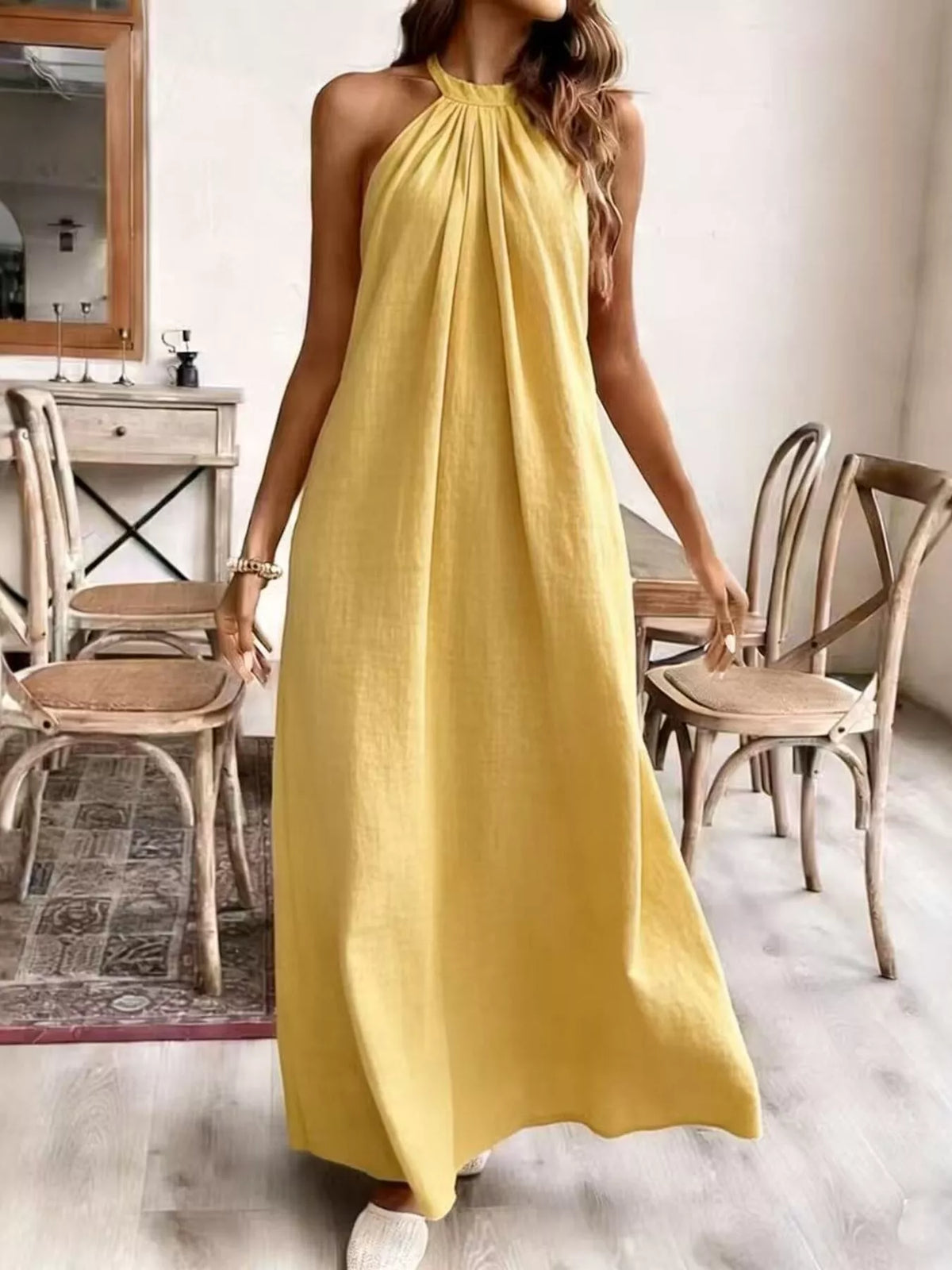 Halter neck ruched maxi dress full length view