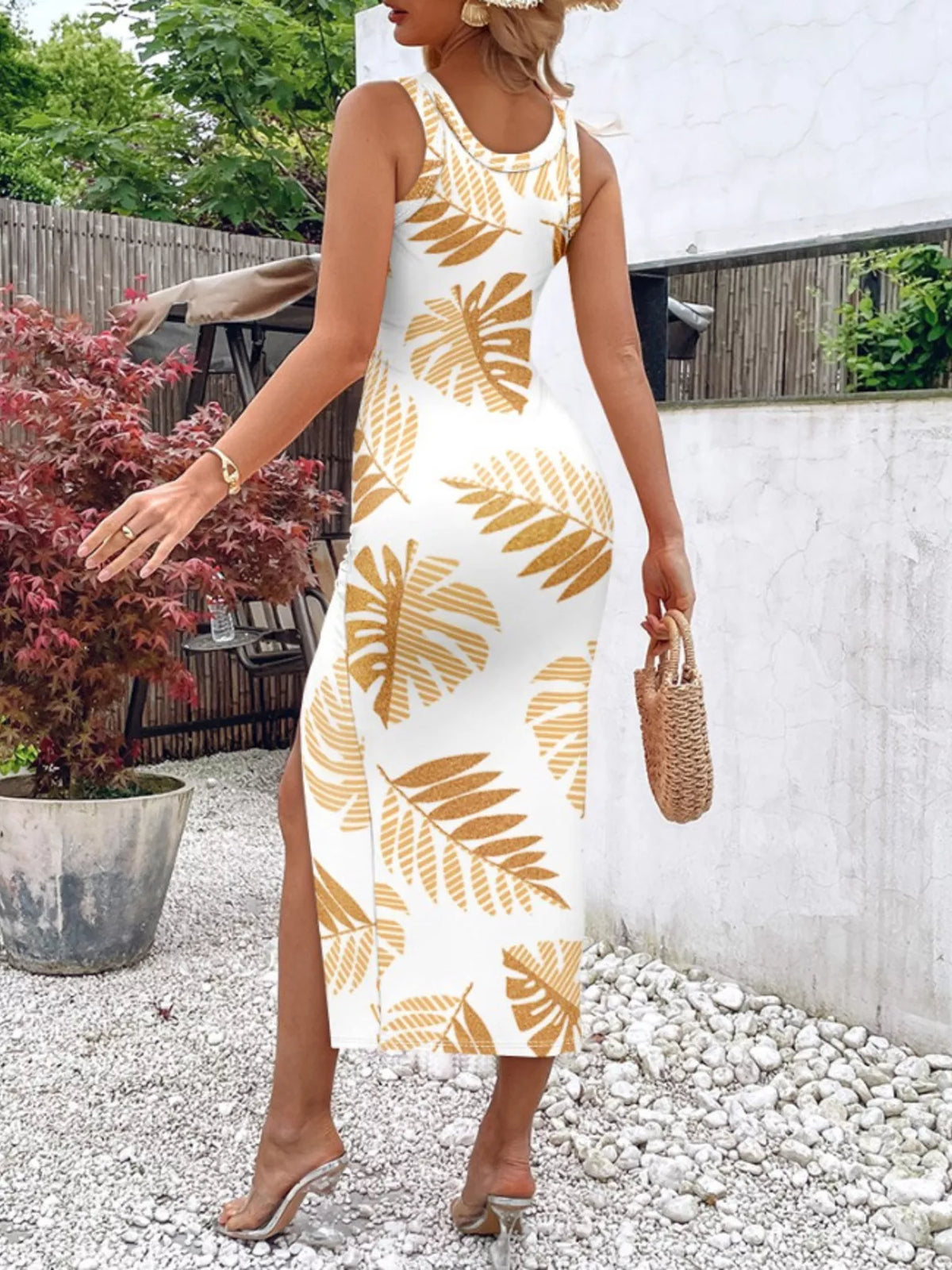 Ruched slit sleeveless midi dress detail view
