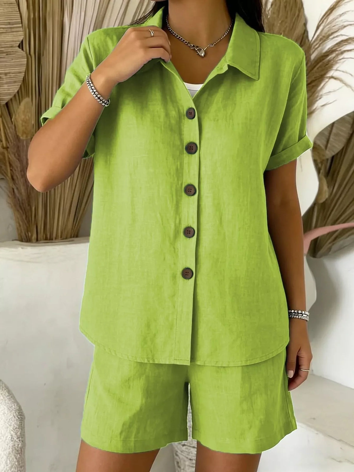 Button up shirt set shown in a bright colourway