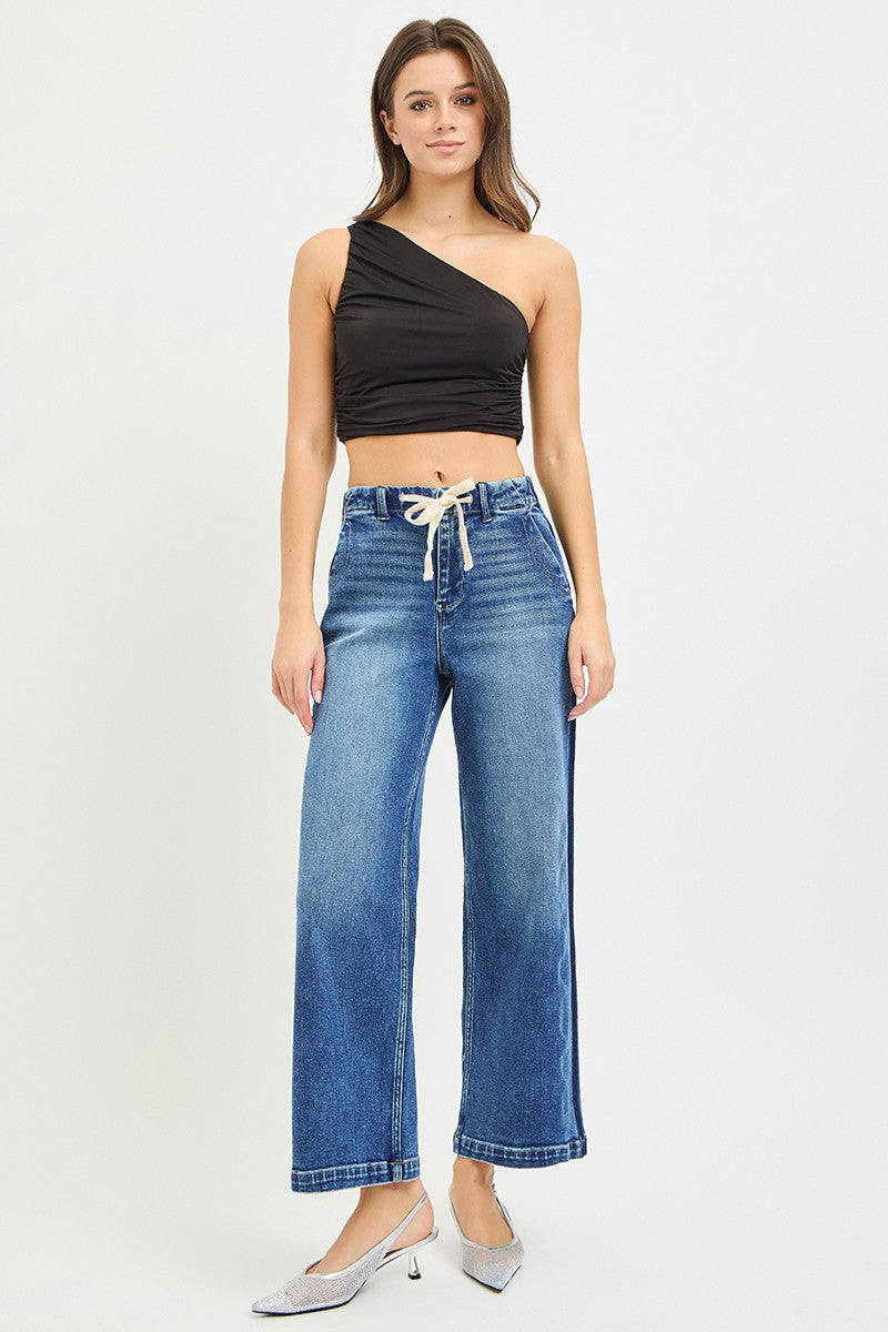 RISEN drawstring cropped wide leg jeans full styling