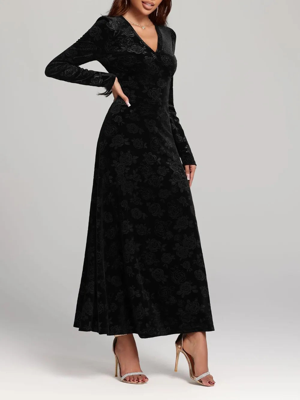 Rose Print V Neck Long Sleeve Dress rose print detail