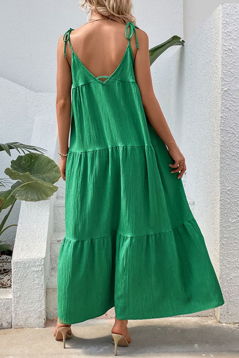 Tie shoulder tiered sleeveless maxi dress side view