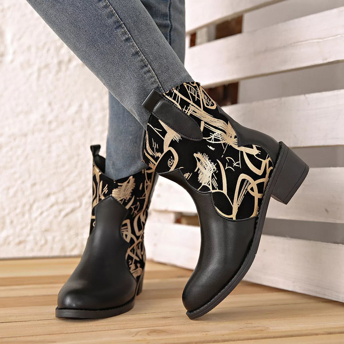 Black point toe block heel boots back view