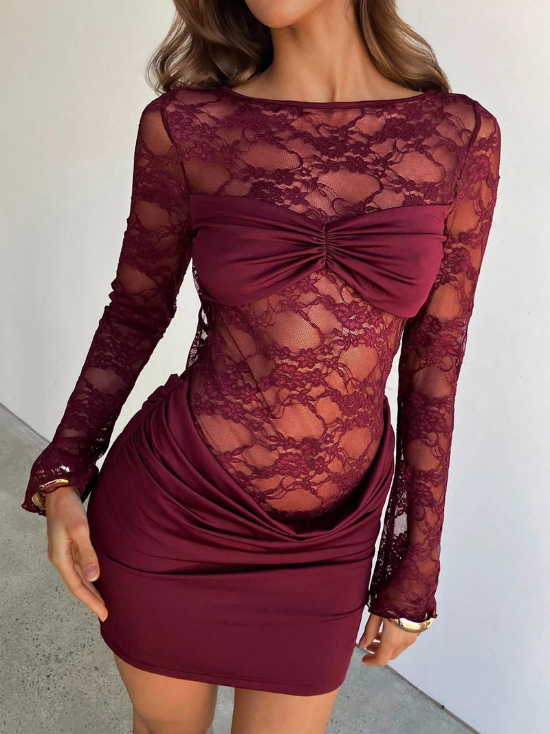 Lace sheer cutout back long sleeve ruched dress front view