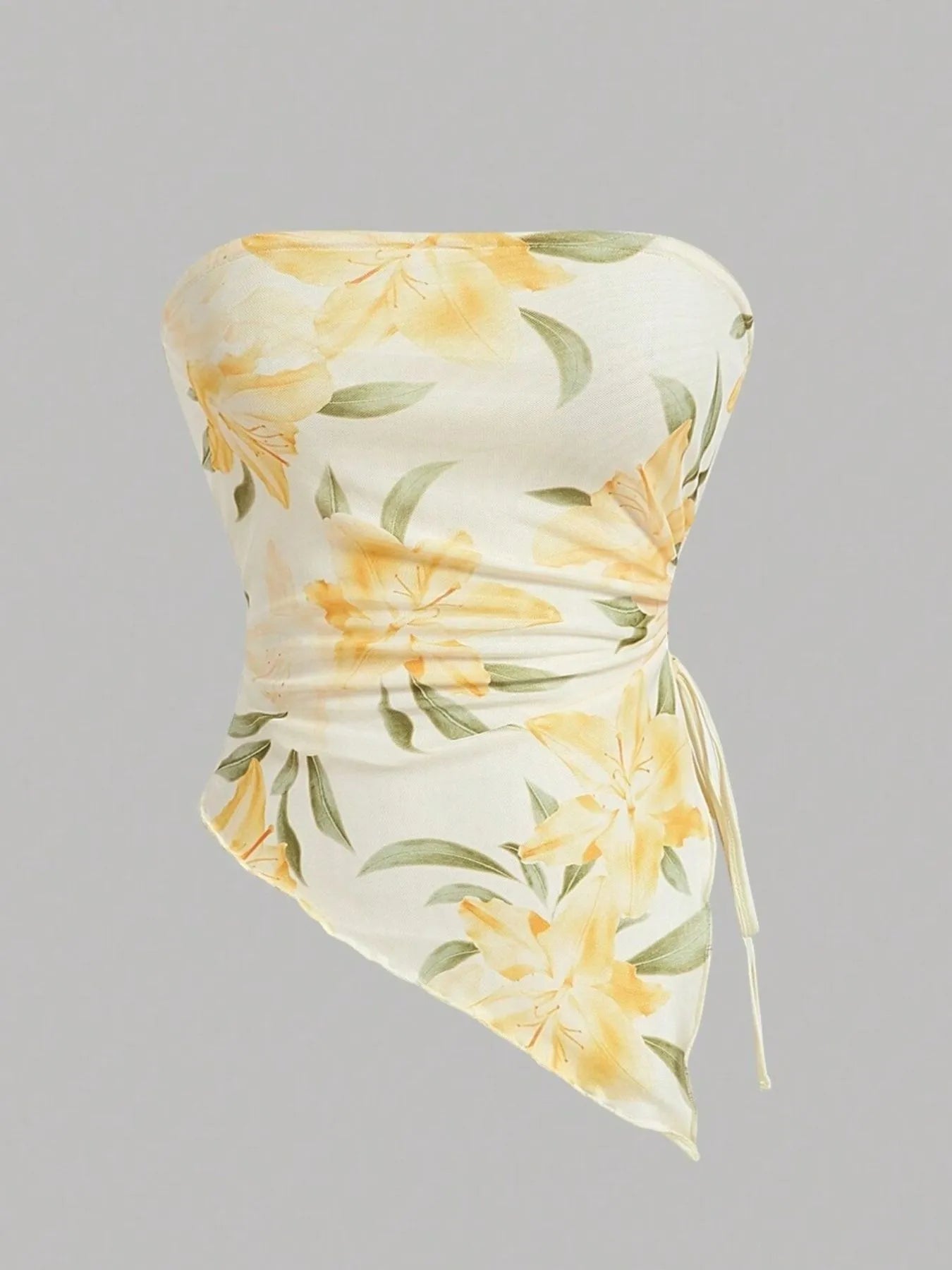 Drawstring Printed Tube Top Yellow Print - Fashorio
