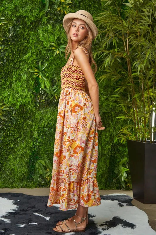 Smocked Geo Ruffle Strappy Midi Dress in Orange view 8