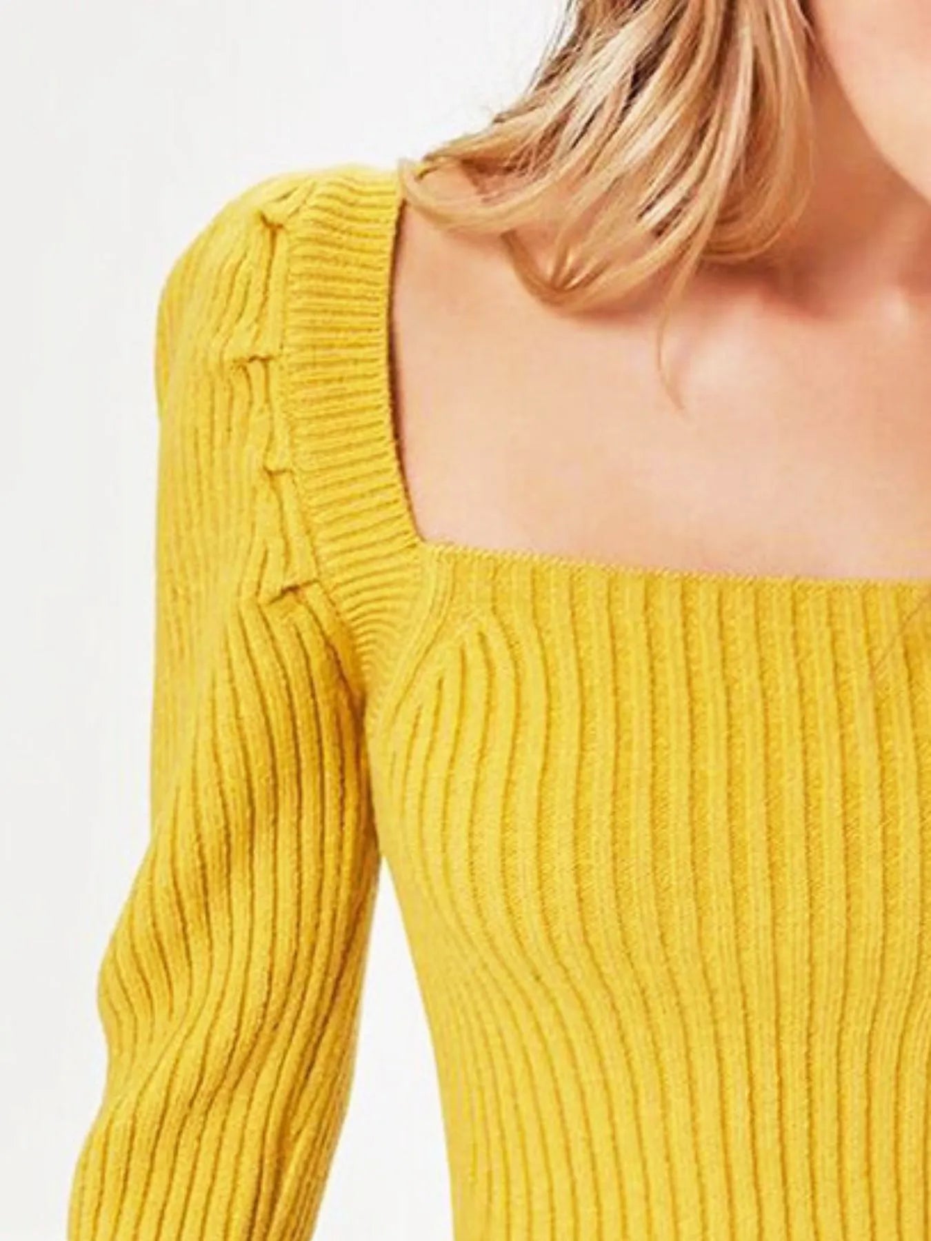 Ribbed Square Neck Long Sleeve Sweater - Fashorio
