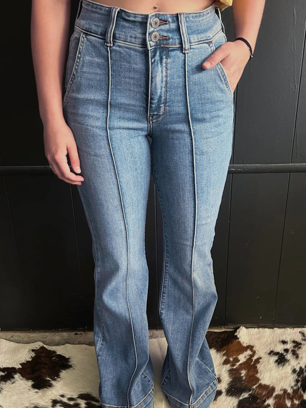 High waisted seam detail flare jeans in medium wash front view