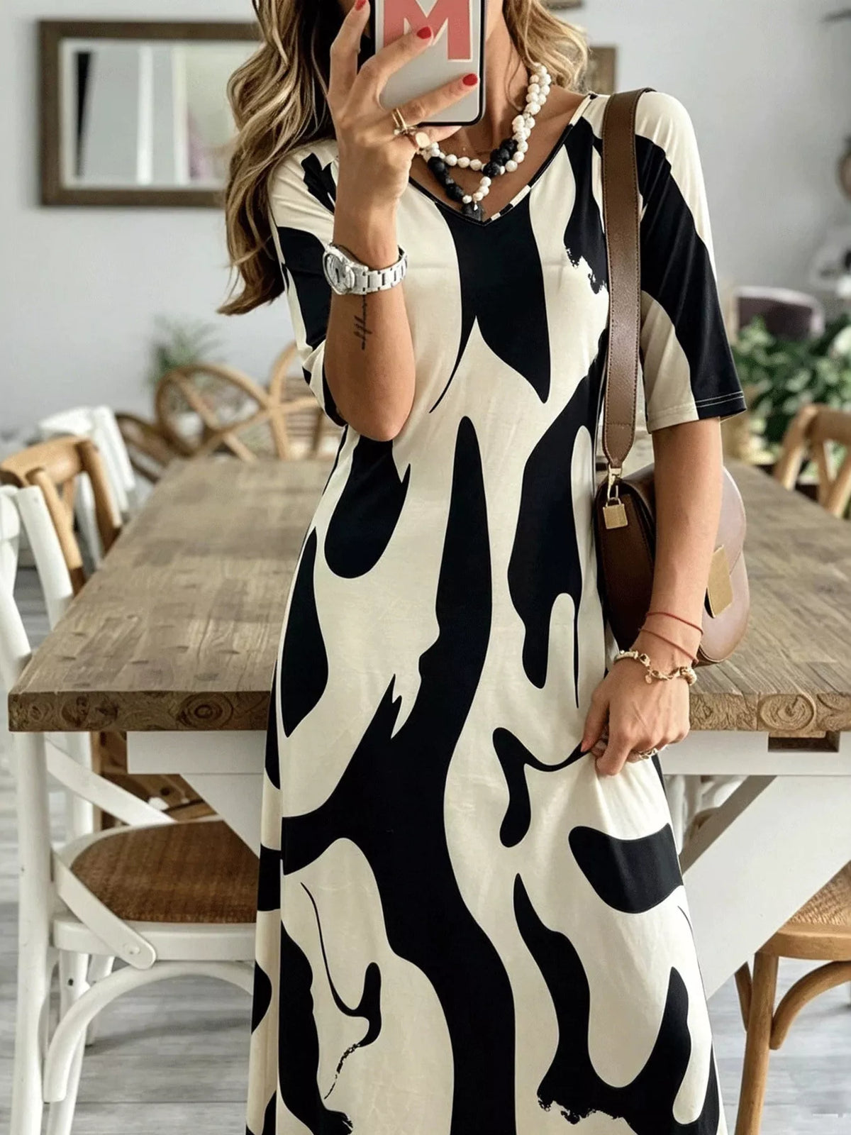 White abstract print casual maxi dress side view